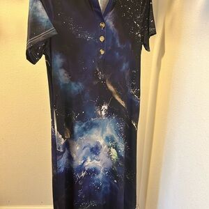 Galaxy Print Button-Front Midi Dress in Navy Blue